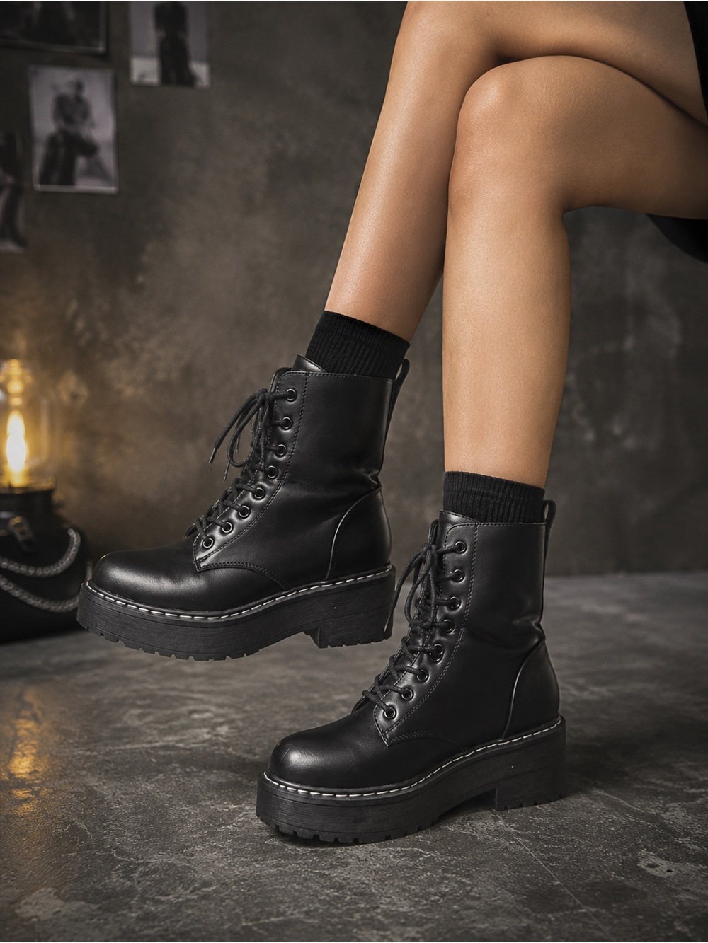 Black Platform Lace-Up Combat Boots